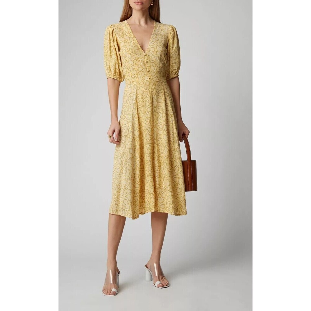 Faithfull The Brand Yellow Snakeskin 100% Rayon Tie Back Prarie Style Dress 4